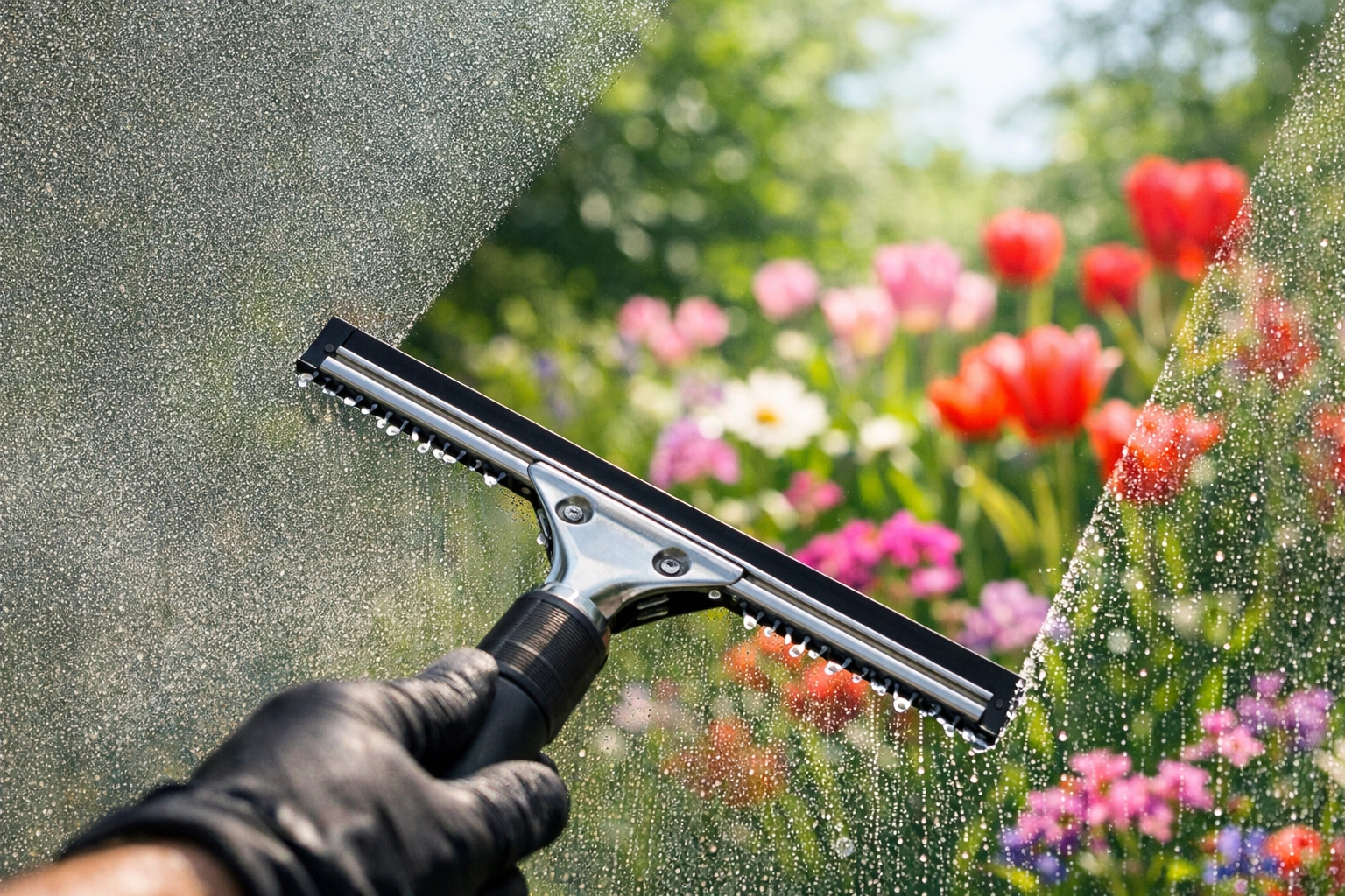 Professional squeegee cleaning a window to reveal a clear, streak-free view of a blooming garden.