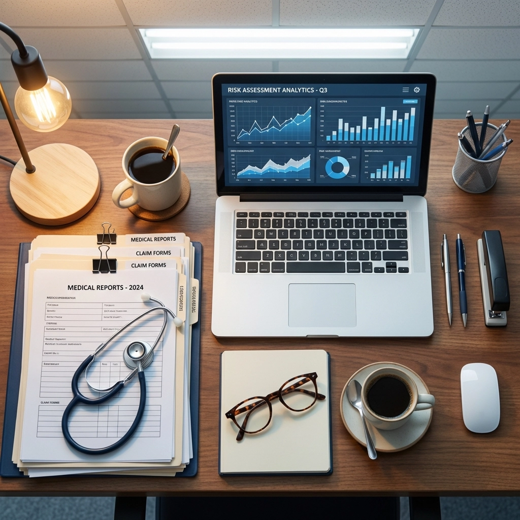 Insurance underwriter's organized desk with documents, showing thorough review for life insurance with health concerns