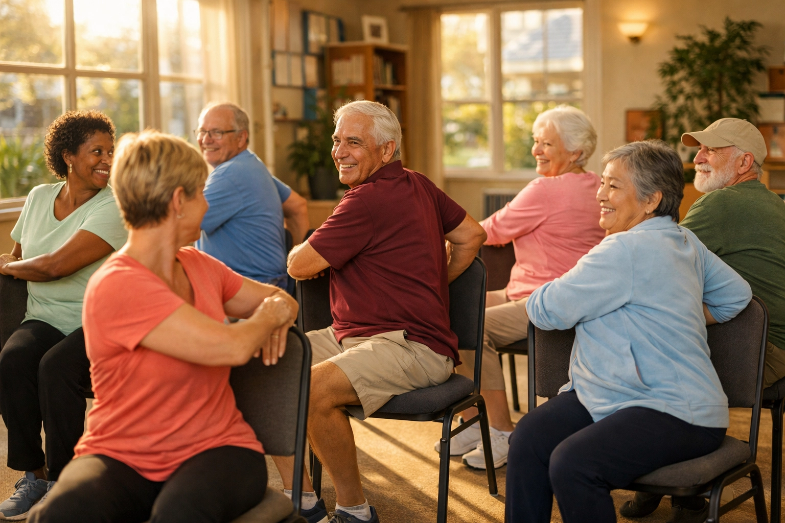 Seniors practicing seated core strength exercises in a group fitness class
