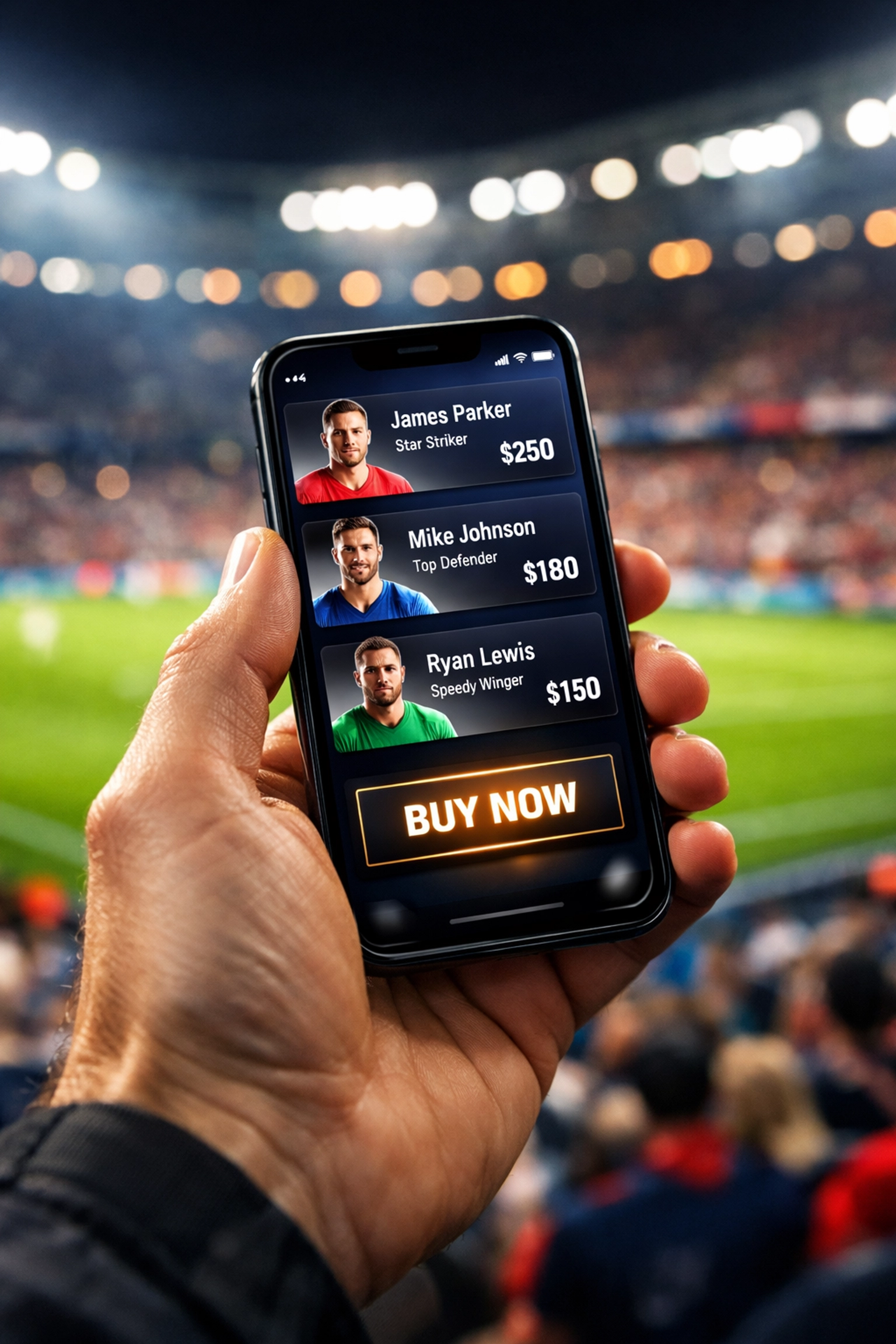 Hand holding a smartphone in a football stadium showing an NIL marketplace app for real-time fan engagement.