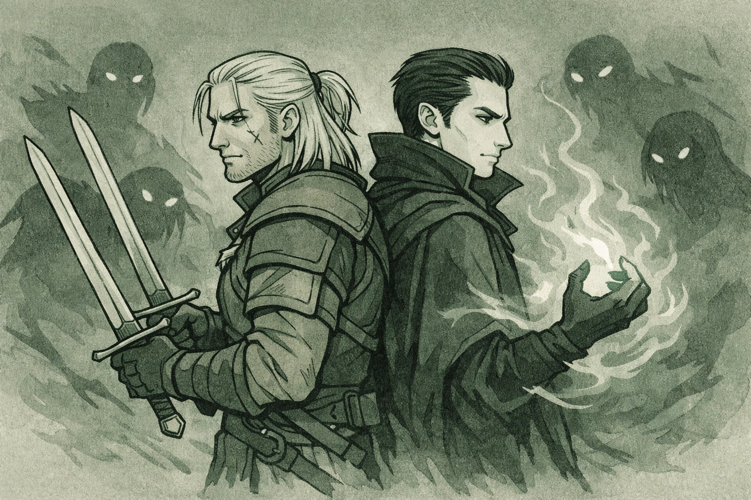 MM romance trust building - witcher and vampire partners standing back-to-back in gay fantasy