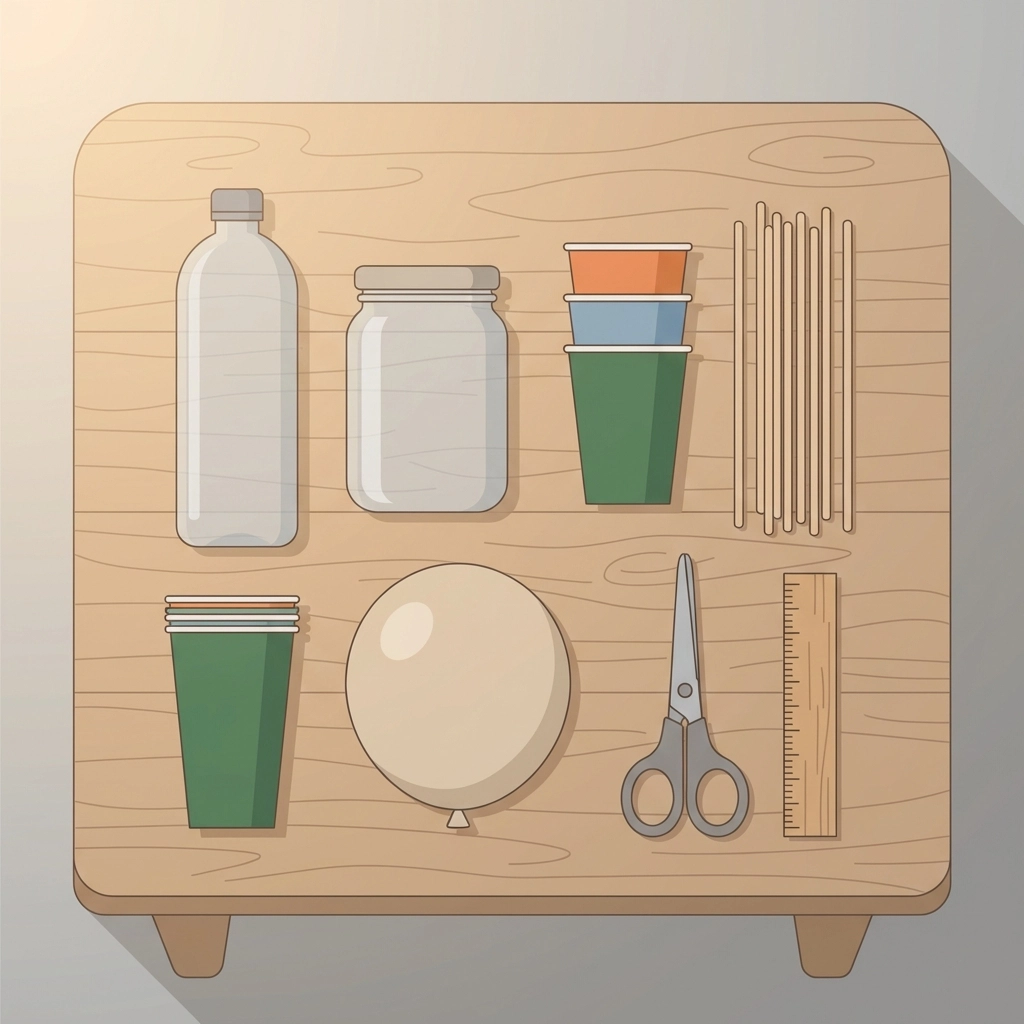 DIY weather station materials including plastic bottles, paper cups, wooden dowels, and tools arranged on a table