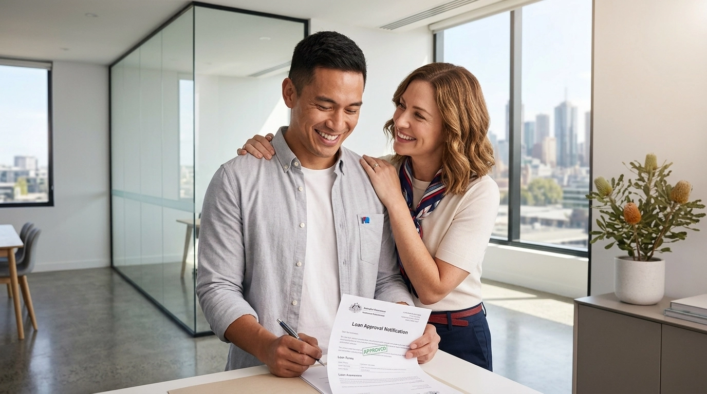 A happy couple in a bright, modern Australian office space celebrating their citizenship journey.