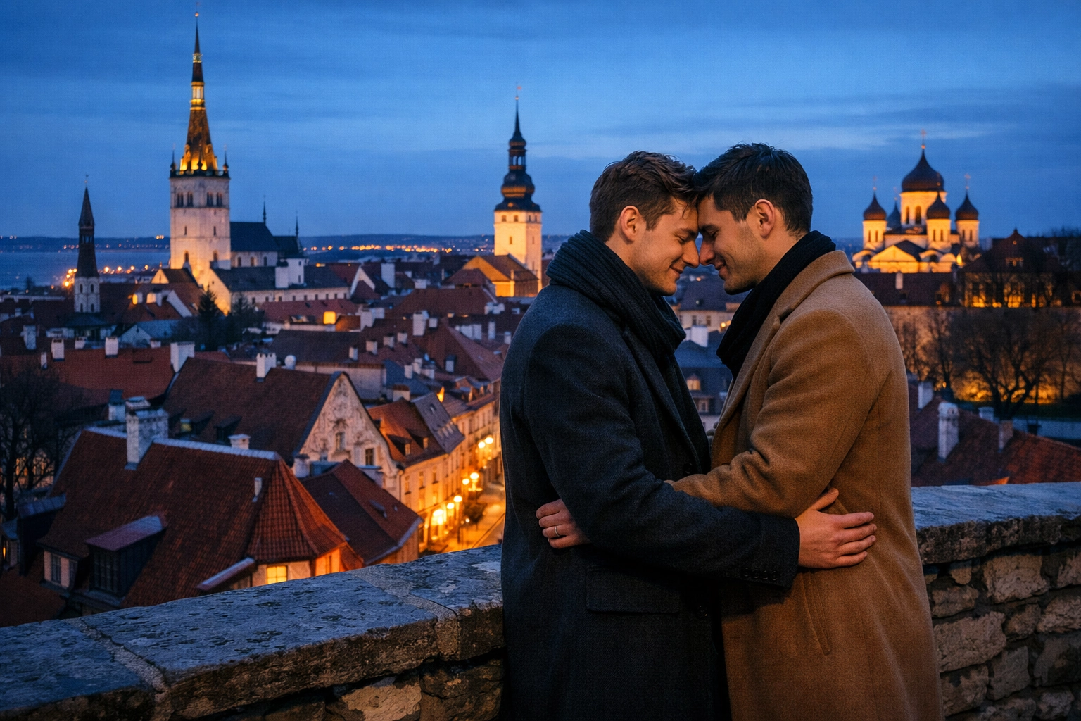 A gay couple celebrating marriage equality on a balcony overlooking historic Tallinn, Estonia.