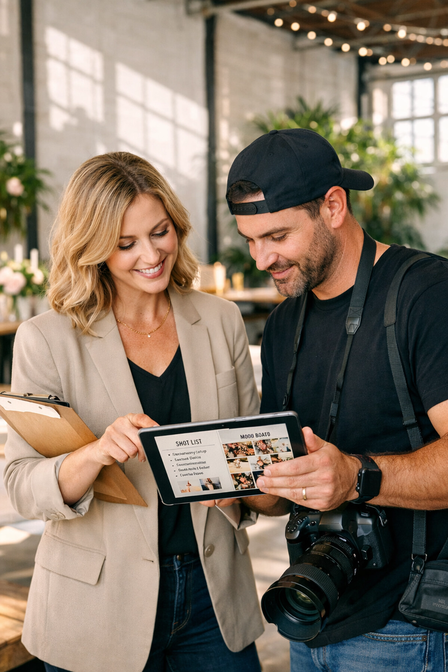 Event planner and photographer collaborating on a shot list for consistent branding.