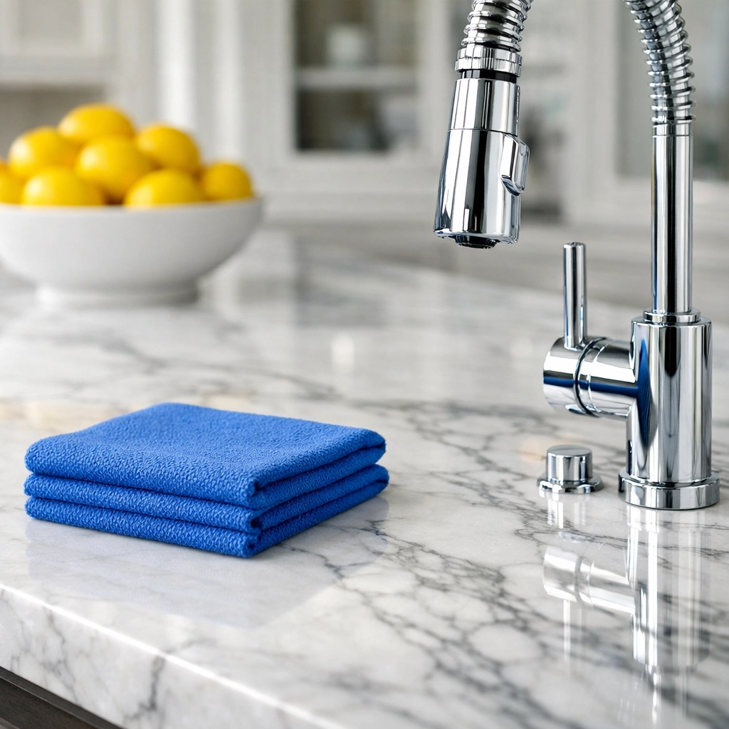 Detail of a sanitized marble kitchen island showing high-quality house cleaning Winchester MA.
