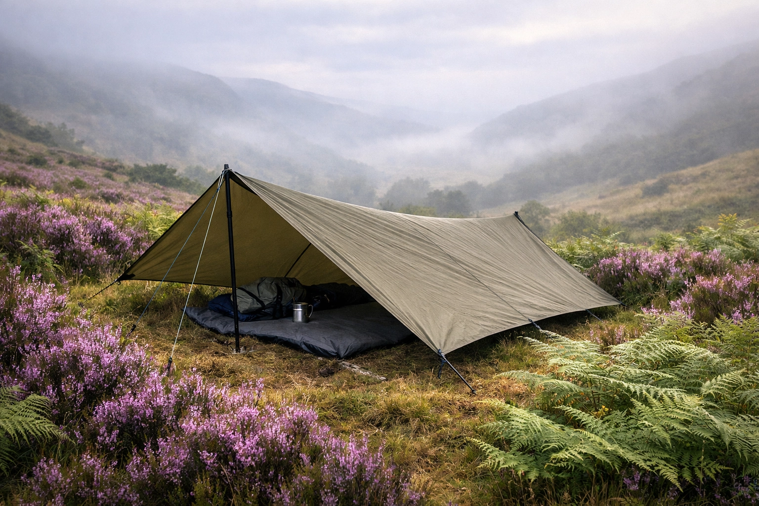 Low-profile A-frame tarp shelter pitched in purple heather for a UK wild camping adventure.