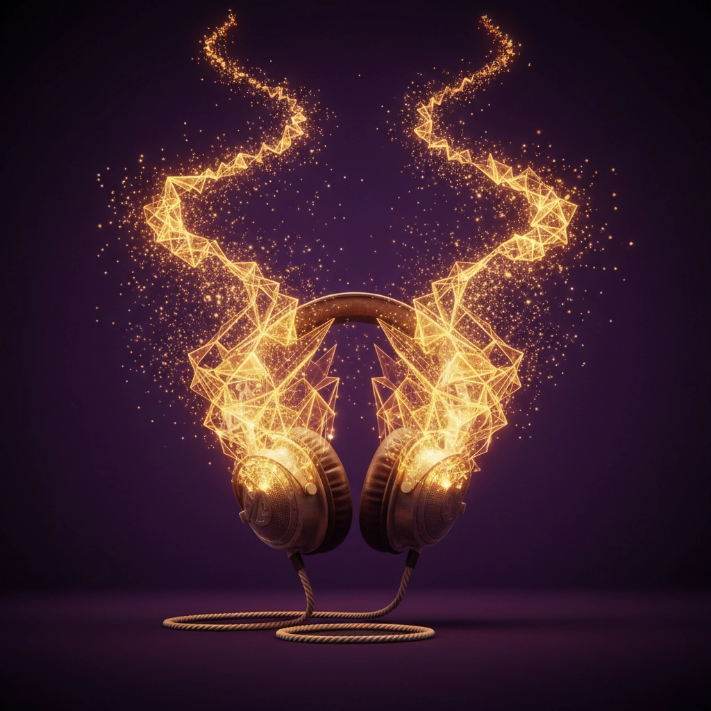 A pair of headphones emits vibrant, golden geometric patterns against a deep purple backdrop, symbolizing the dynamic flow and immersive experience of music.