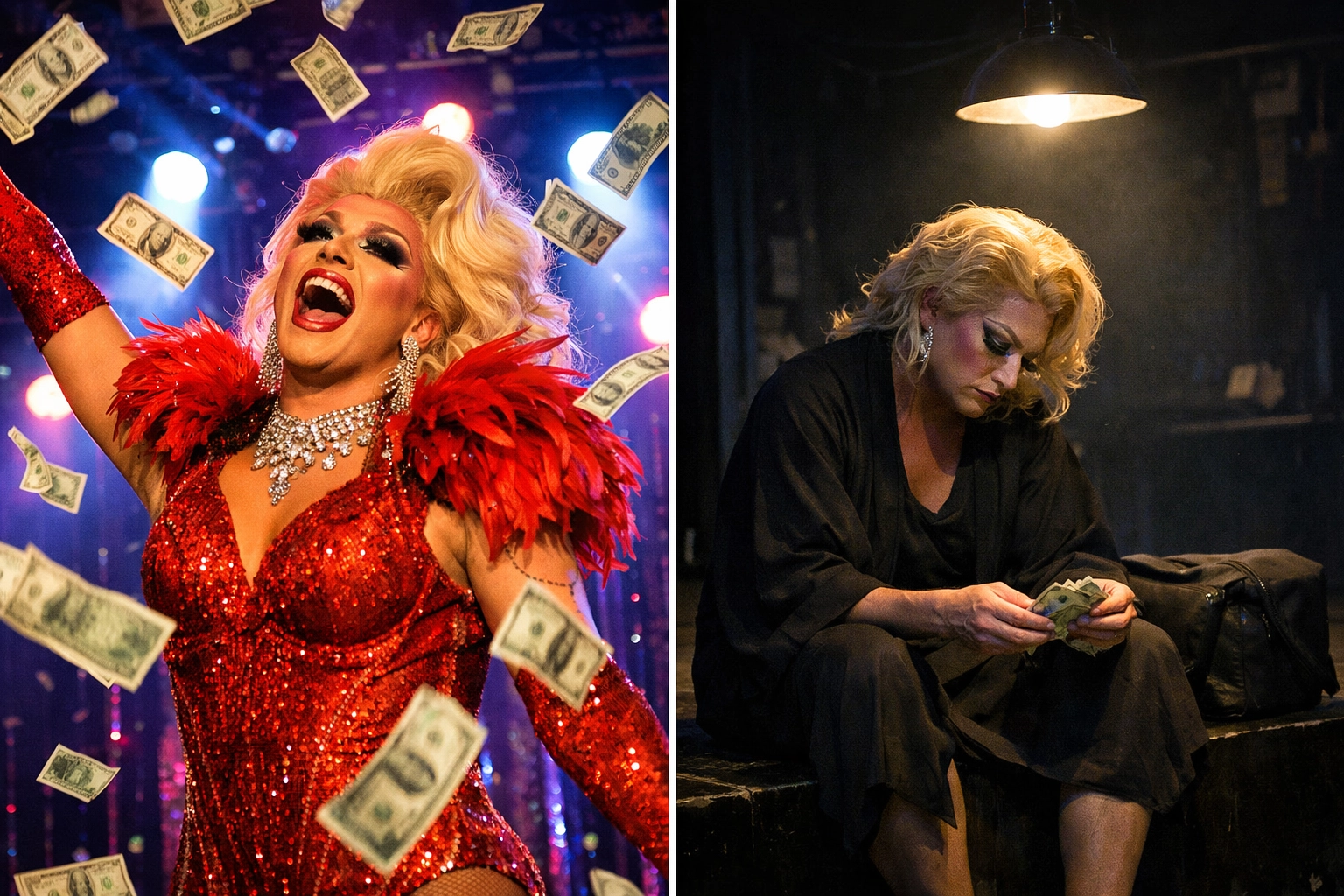 Drag performer earning tips on stage versus counting small earnings backstage