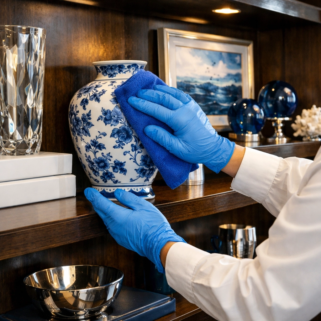 Detail-oriented residential cleaning Massachusetts of luxury home shelving and decor in a high-end Dover estate.