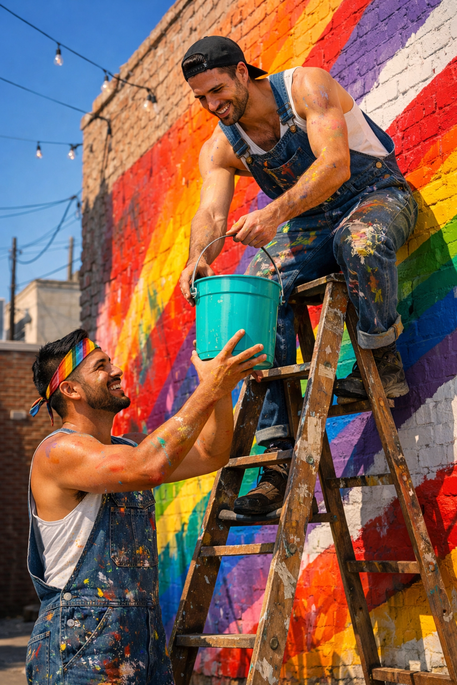 Two gay men collaborating on a colorful rainbow mural, a creative queer hobby for community building.