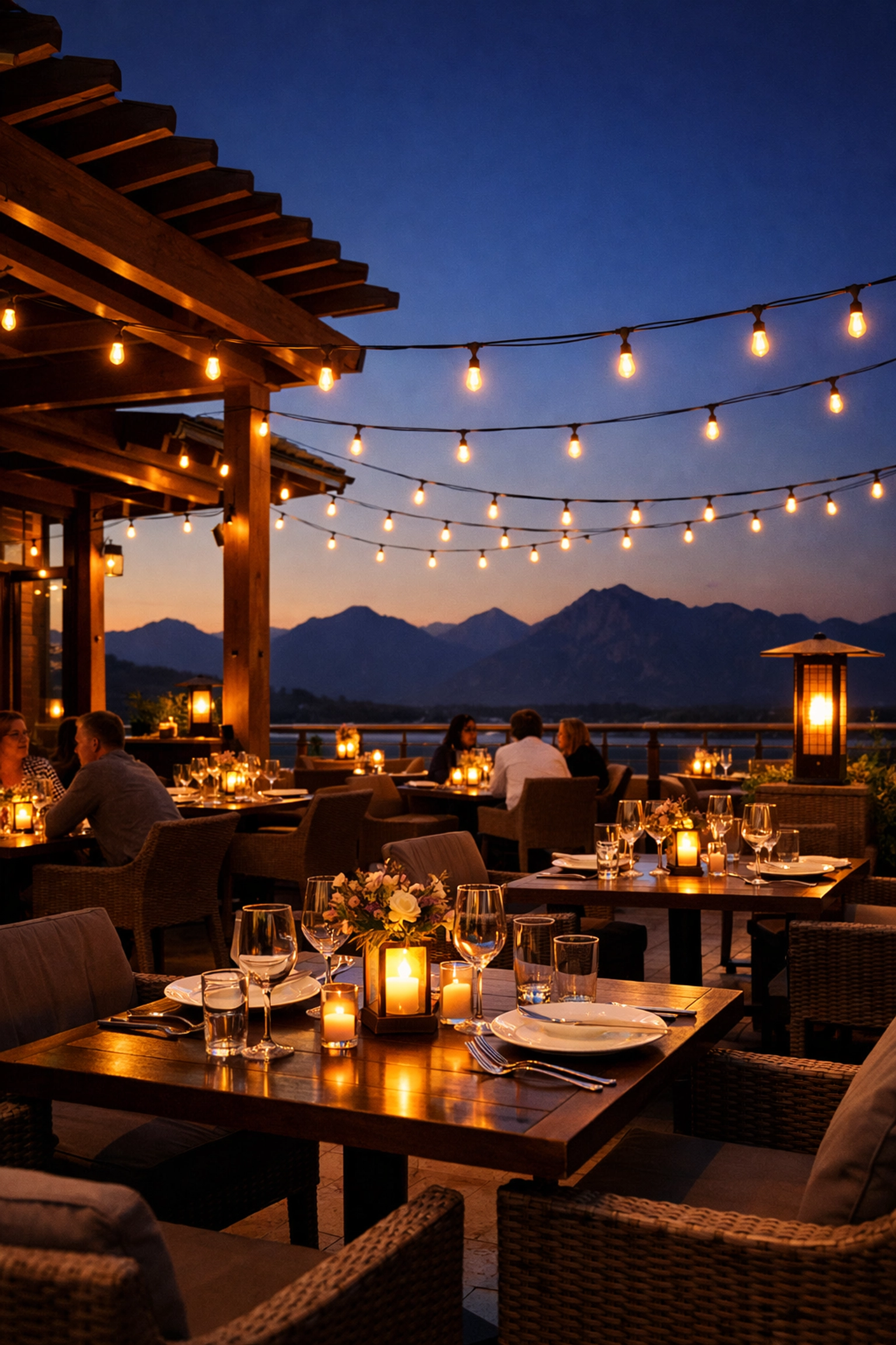 Professionally edited hero shot of a luxury restaurant patio at dusk with mountain views and warm lighting.
