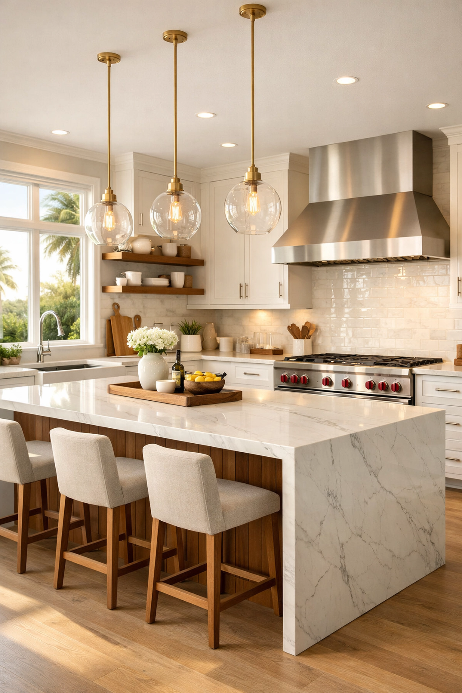 Modern kitchen remodeling Orlando featuring a white quartz waterfall island and elegant cabinetry.