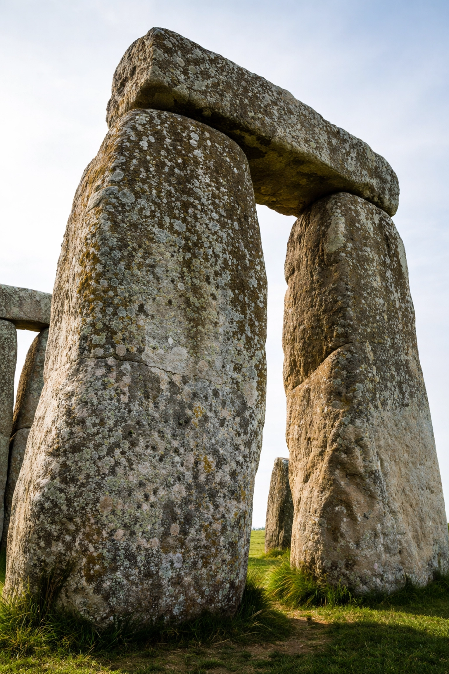 Close-up of Stonehenge's weathered sarsen stones, showing textured surface and imposing trilithon structure.