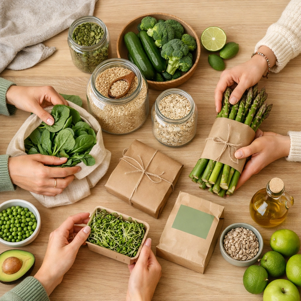 Women sharing plant-based products in a bright kitchen, exploring a healthy lifestyle for women together.