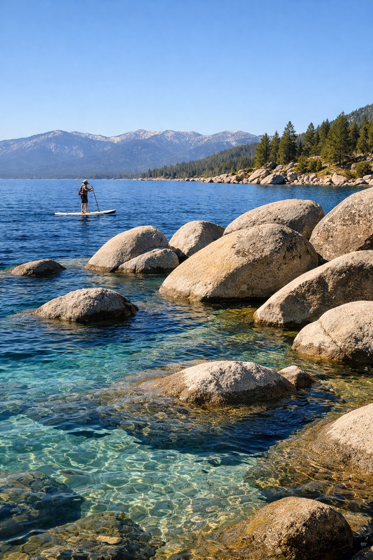 Giant boulders and crystal clear turquoise water at Sand Harbor, one of the best photo spots in Lake Tahoe.