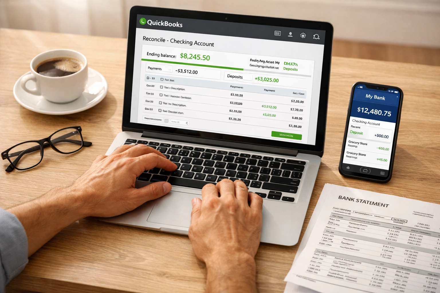 Bookkeeper reconciling bank accounts in QuickBooks with bank statements during cleanup process