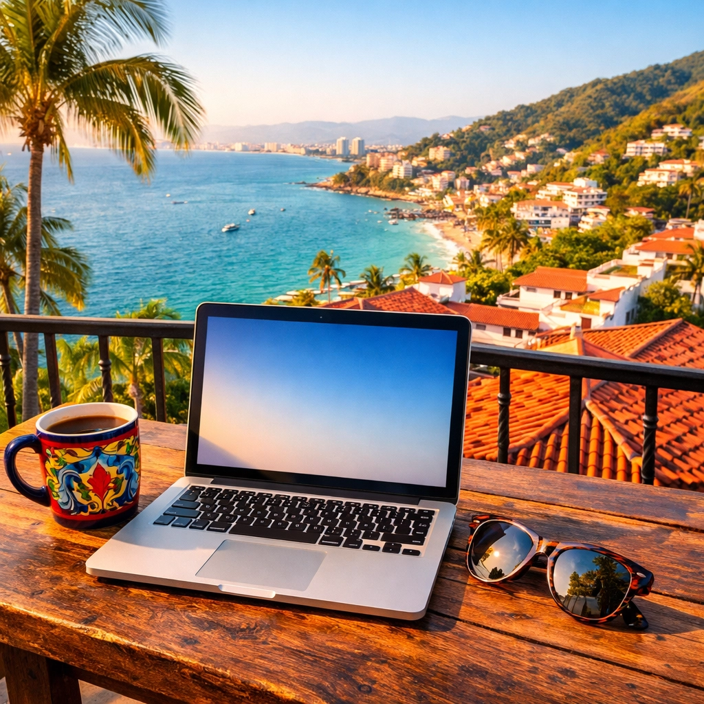 Digital nomad workspace on a sunny balcony in Amapas near Puerto Vallarta old town condo rentals.