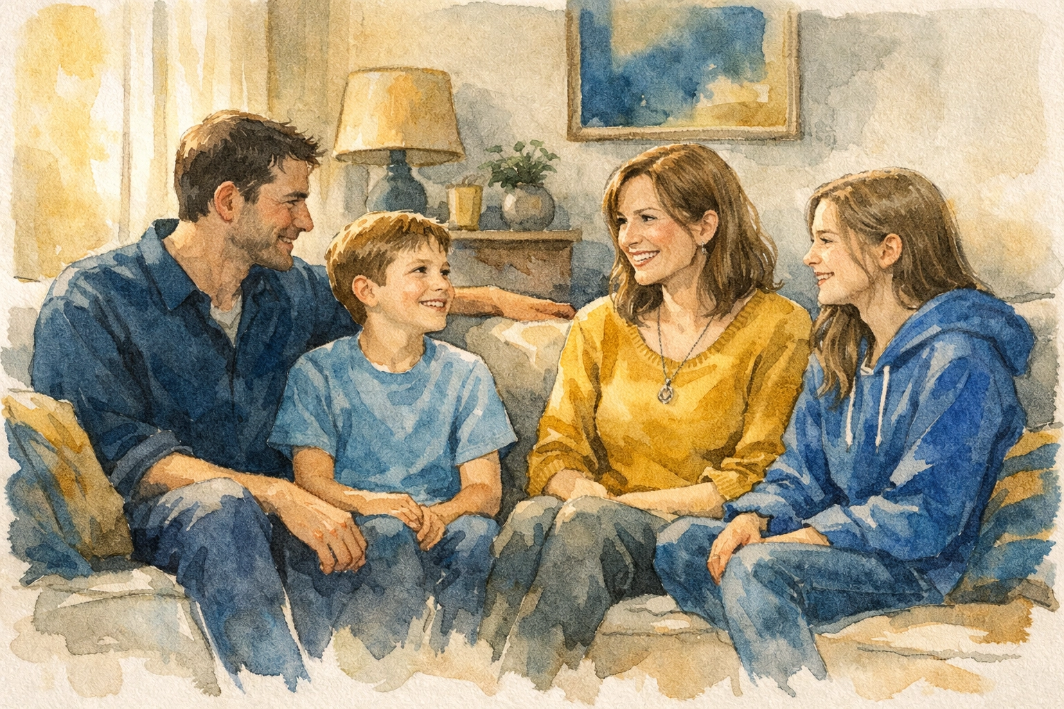 Christian family discussing Sonic movie lessons together on couch in living room