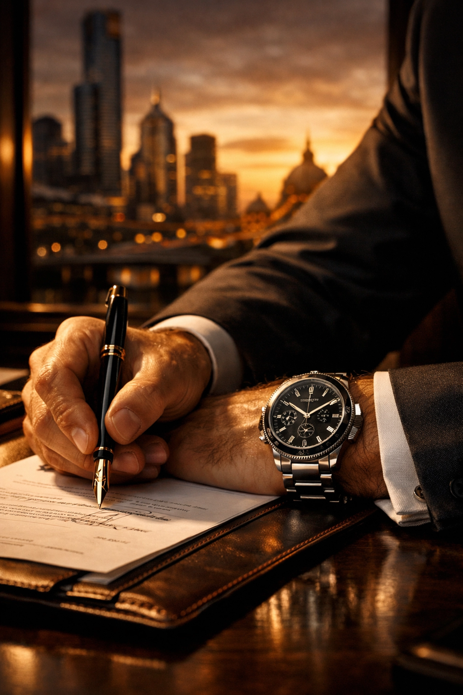 Executive signing luxury real estate documents emphasizing time as valuable asset in Melbourne
