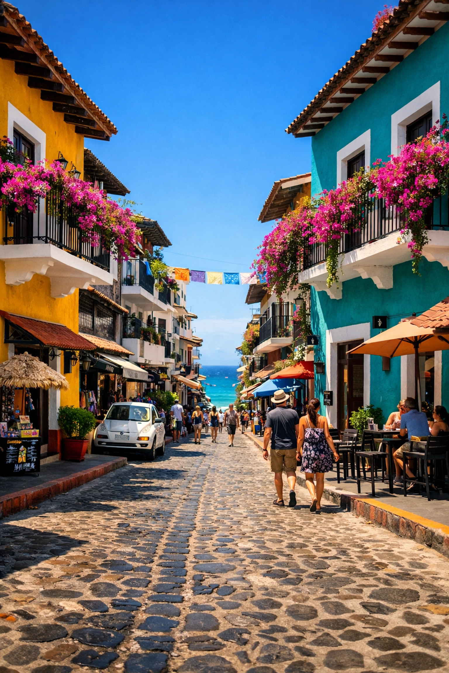 Colorful buildings and cobblestone streets in Puerto Vallarta Old Town near vacation condo rentals.