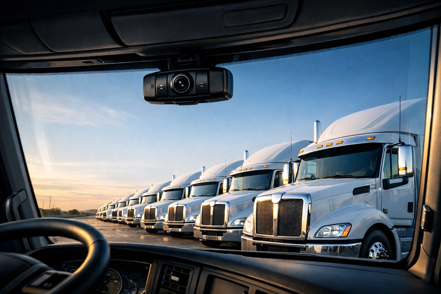 A fleet of commercial trucks equipped with AI dash cameras ready for long-haul safety and efficiency.