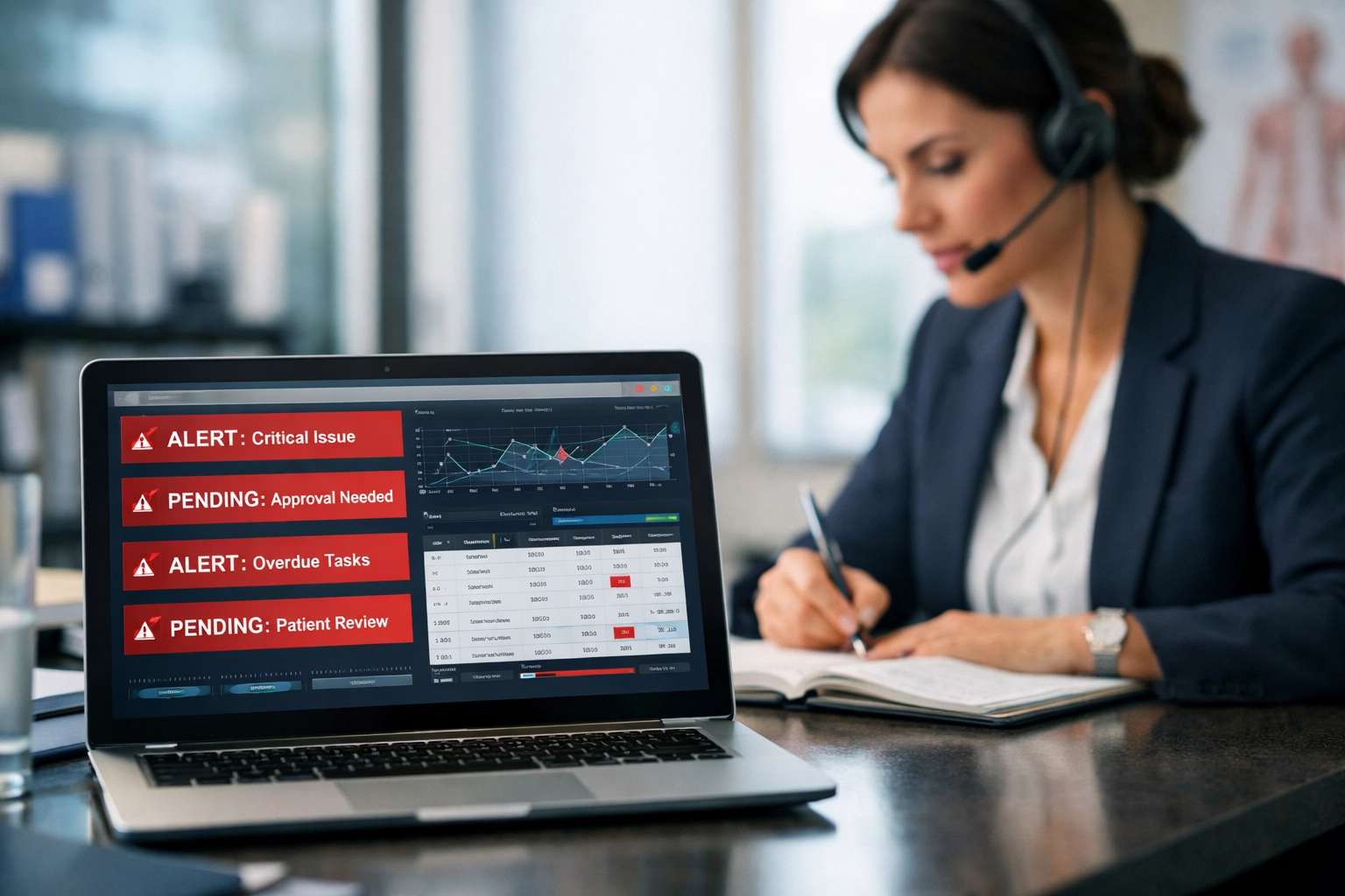 Stop Chasing Payers. Make Them Pay You. Medical billing professional resolving claim denials and pending alerts in a modern administrative office.