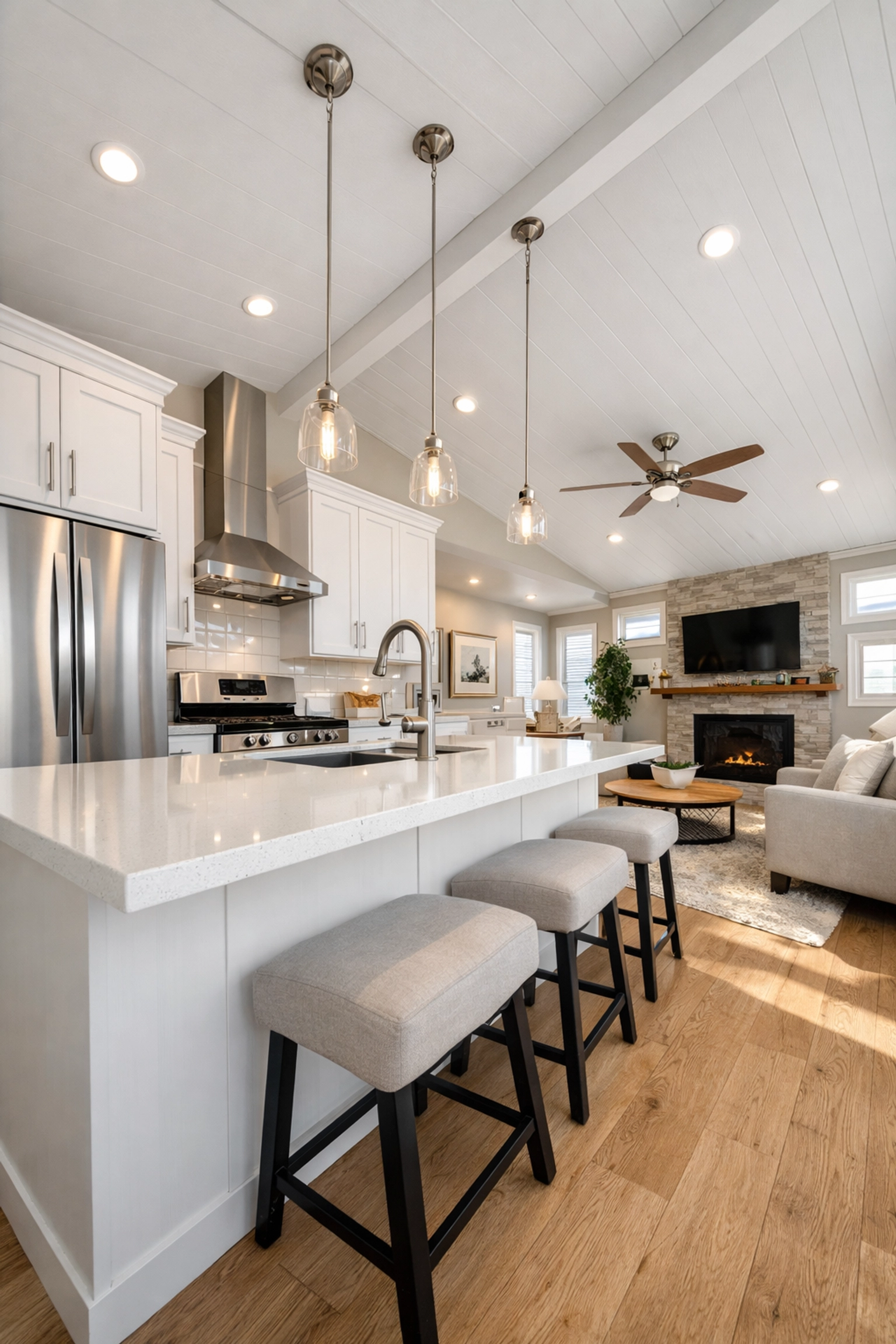 Modern manufactured home interior featuring a bright open-concept kitchen and high-end finishes.