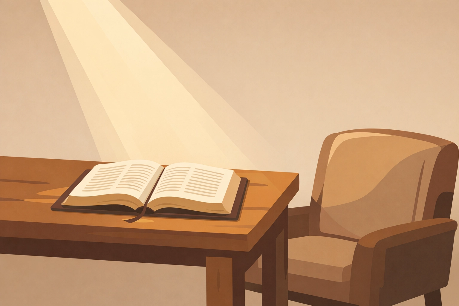 Open Bible on wooden table with natural light for quiet devotional time and prayer