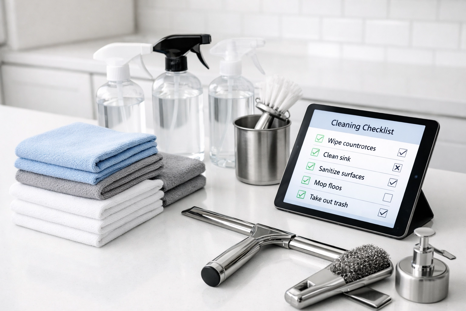 Professional cleaning supplies and digital checklist for apartment make-ready cleaning