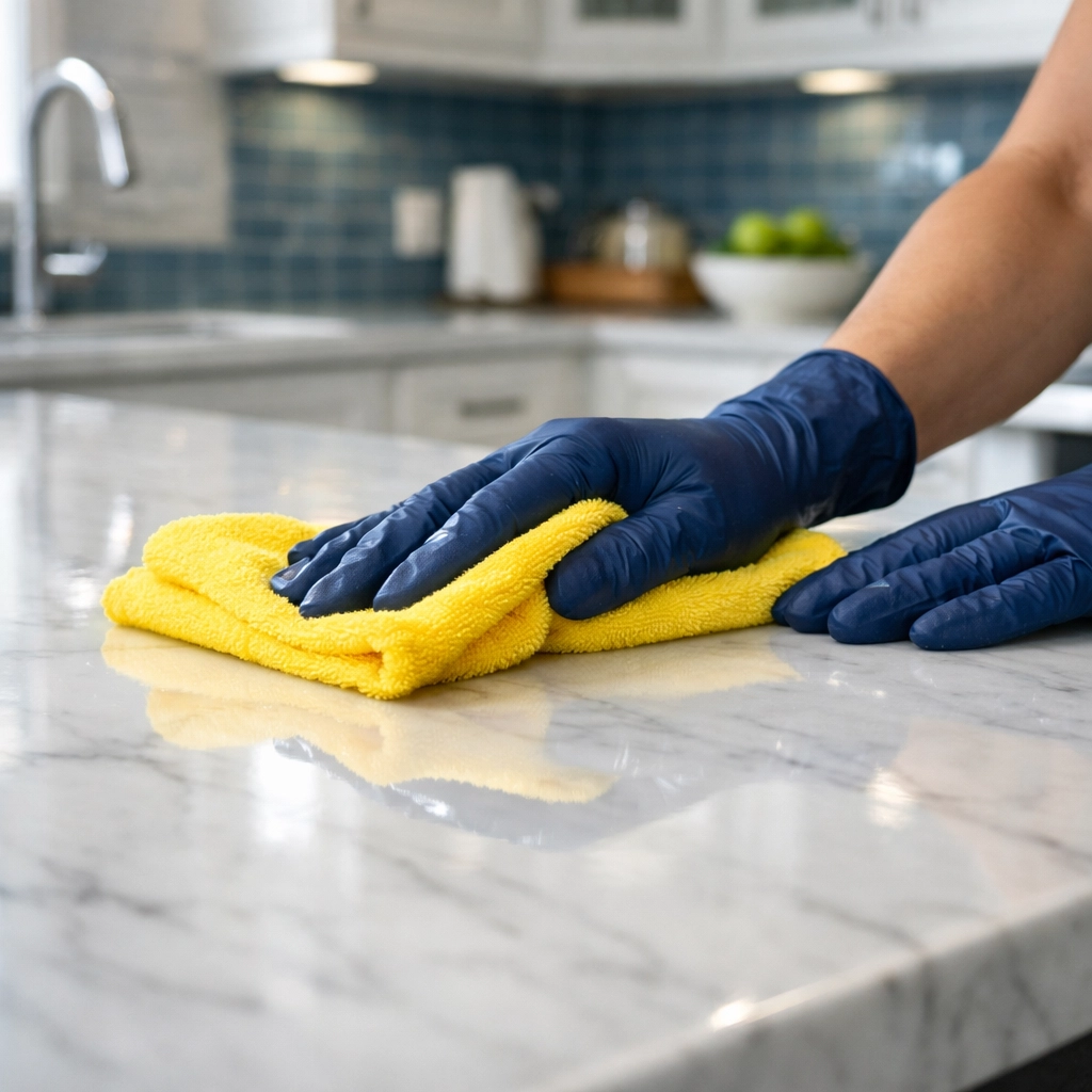 Professional maid services Worcester expert cleaning a marble kitchen counter for a deep cleaning Worcester result.