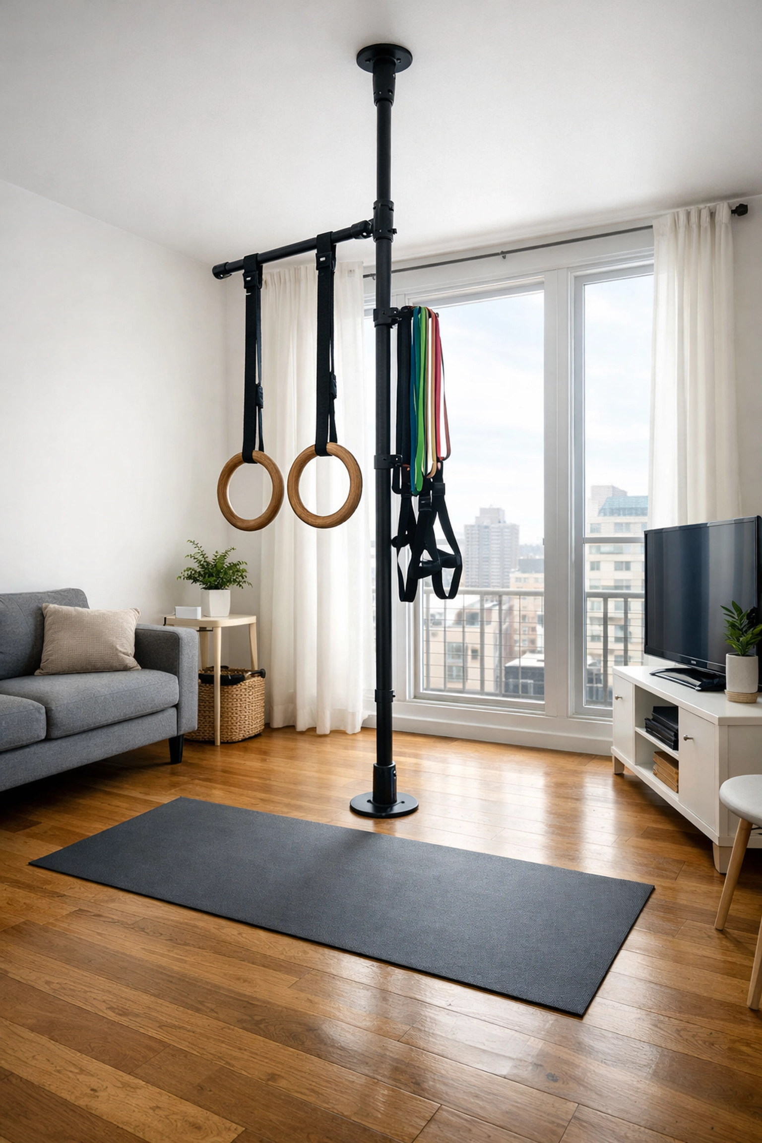 Floor-to-ceiling home gym system with rings in apartment living room
