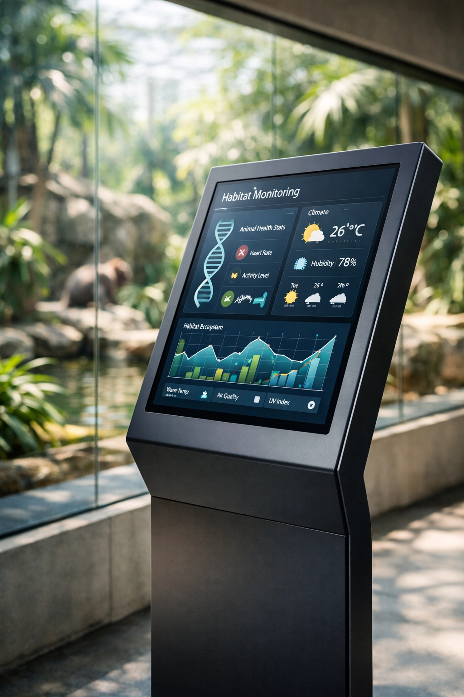Modern interactive kiosk at a zoo habitat showing real-time digital data and IoT updates.