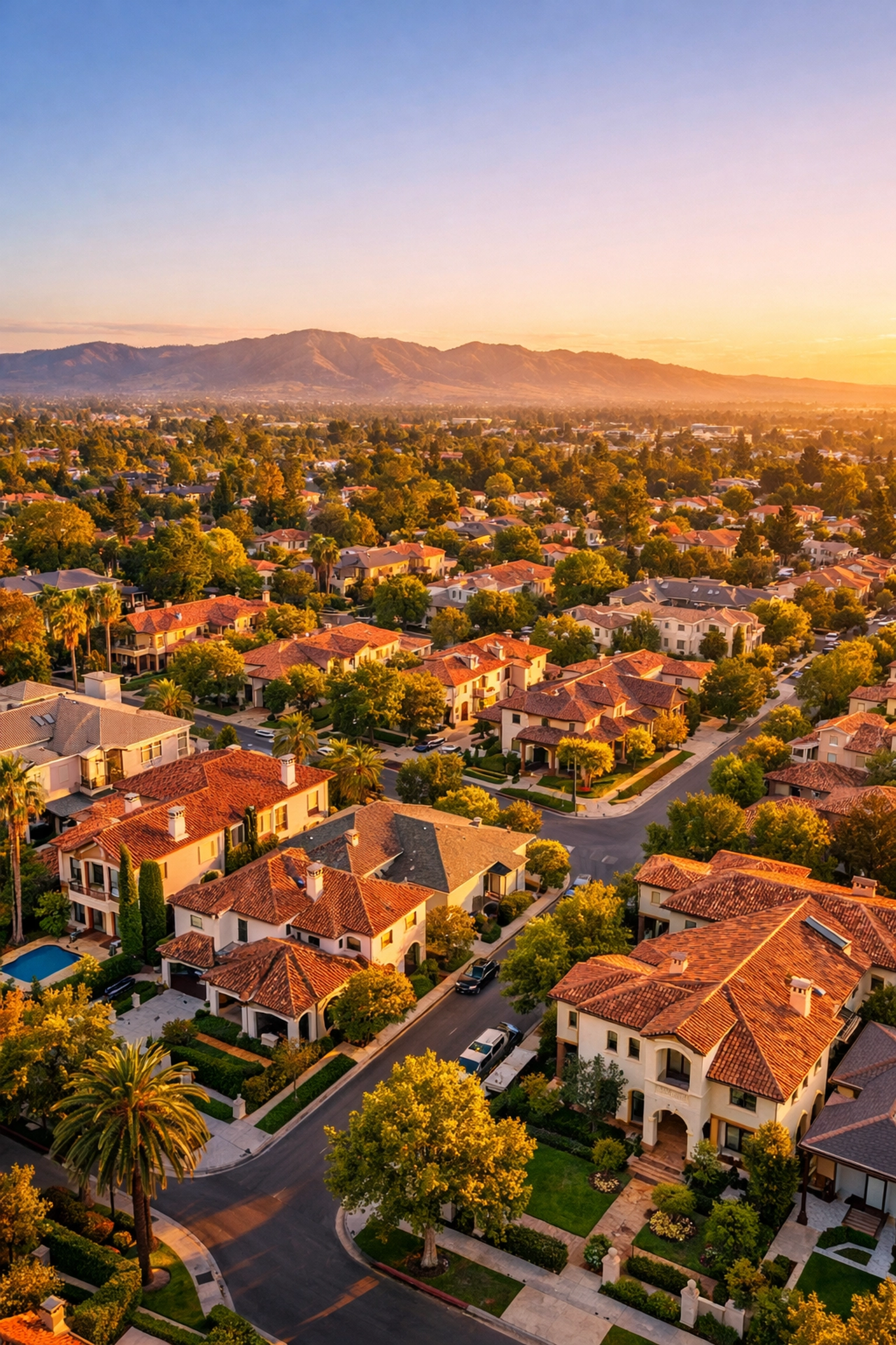 Aerial view of luxury South Bay neighborhood homes in Silicon Valley at sunset