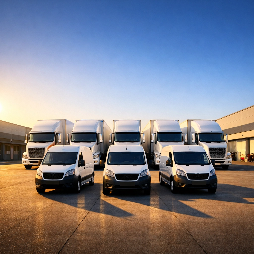 A fleet of professional delivery vehicles ready for scalable enterprise logistics and supply chain growth.