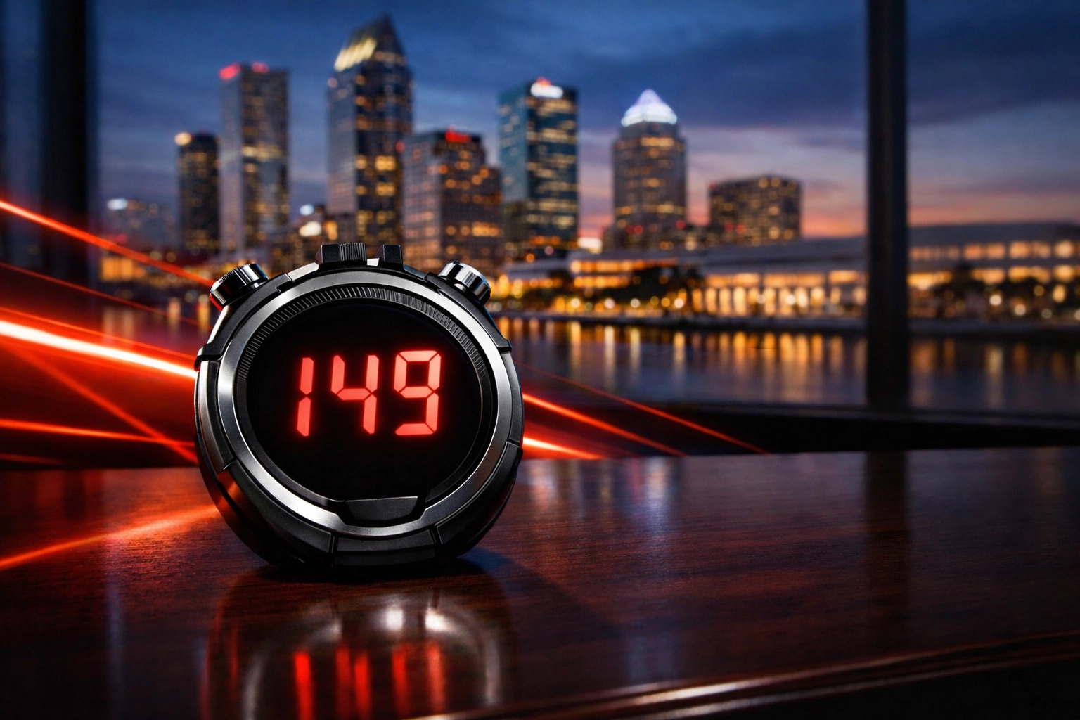 Digital stopwatch showing 149 days for a fast Tampa business sale with the city skyline in the background.