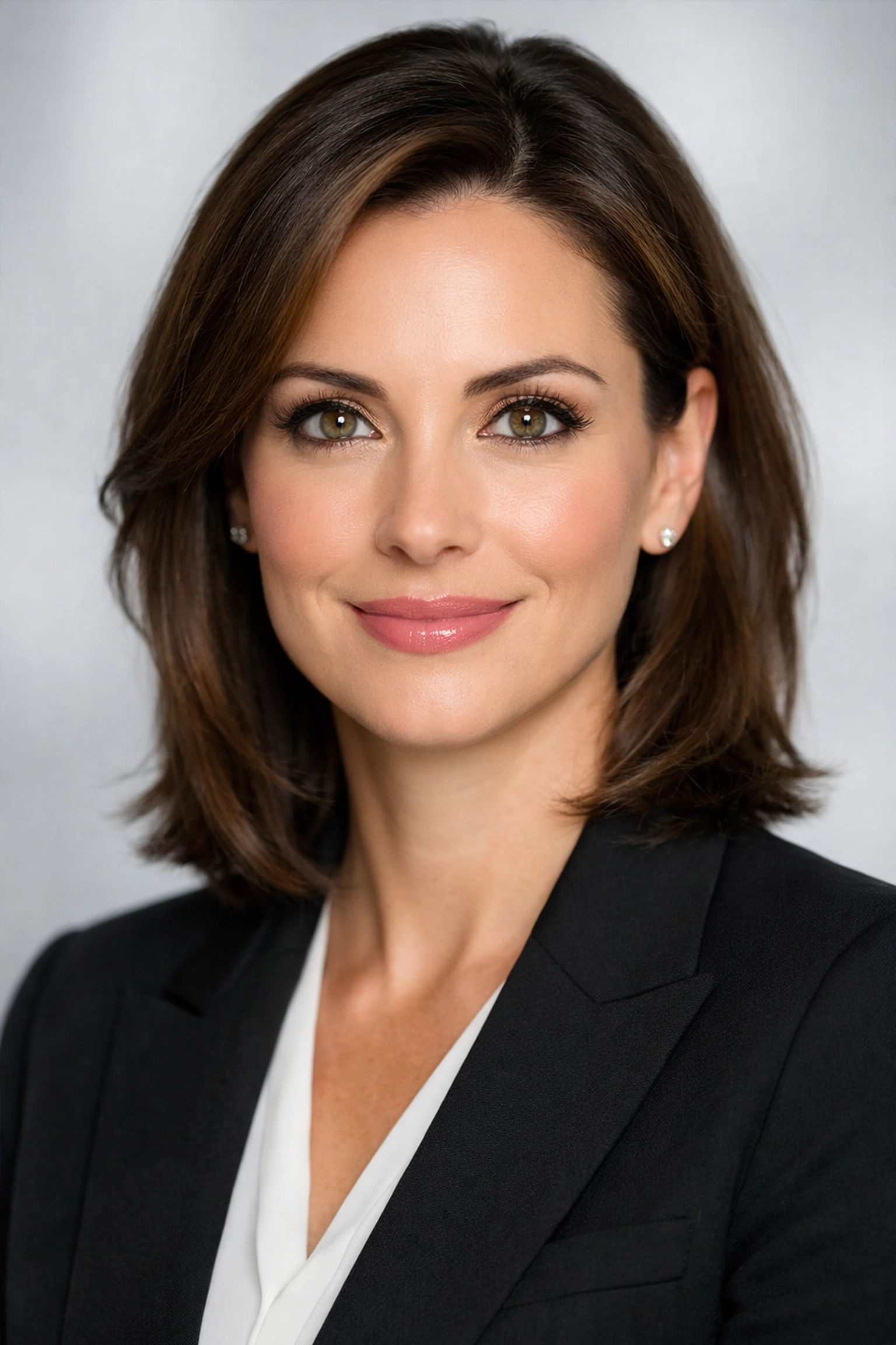 Clamshell lighting for executive portraits creating soft skin and distinct catchlights in a professional session.