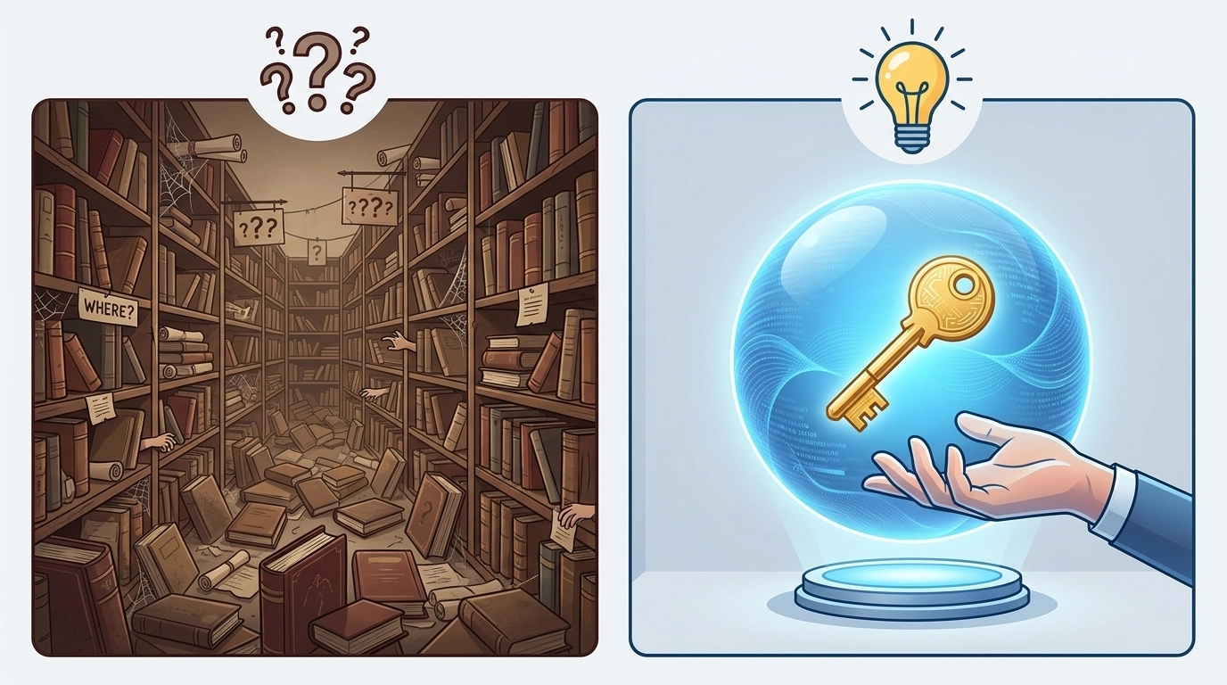 Comparing traditional messy libraries to a clear AI-generated holographic orb