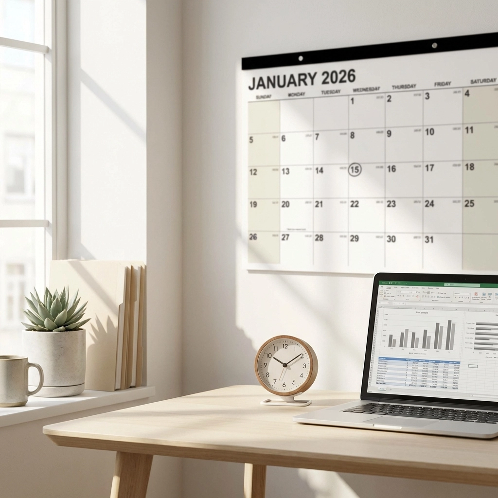 Modern tax office desk with financial charts, January 2026 calendar, and clock highlighting tax refund delay timelines