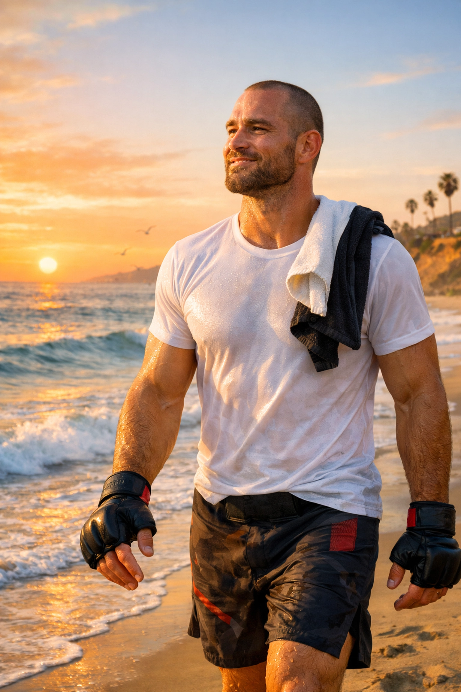 Professional MMA fighter feeling refreshed and clean after a workout, illustrating healthy skin recovery and vitality.