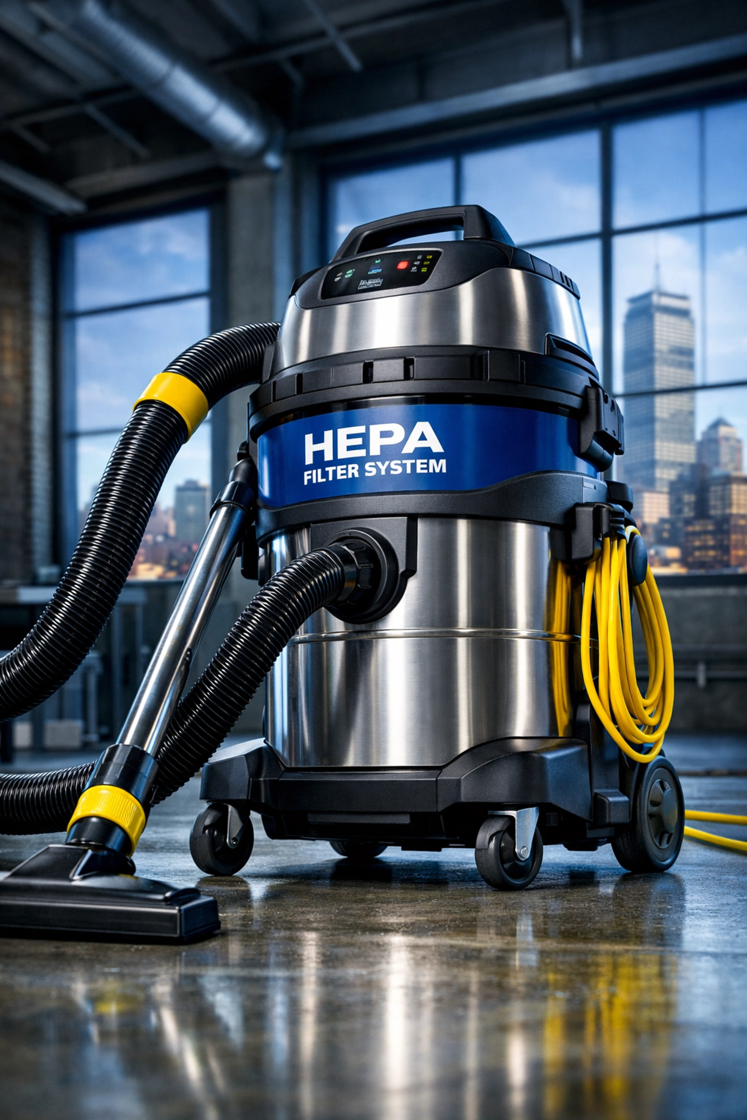 Industrial HEPA vacuum used for high-efficiency post-construction cleaning MA in a modern commercial space.