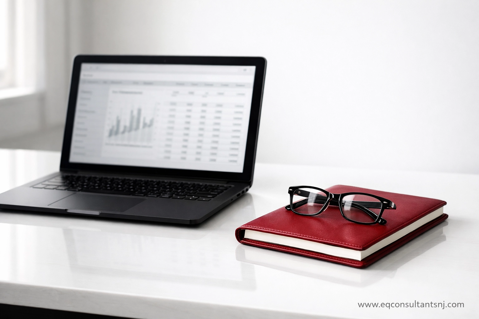 Professional workspace with laptop and financial planner for NJ business bookkeeping cleanup and record review.