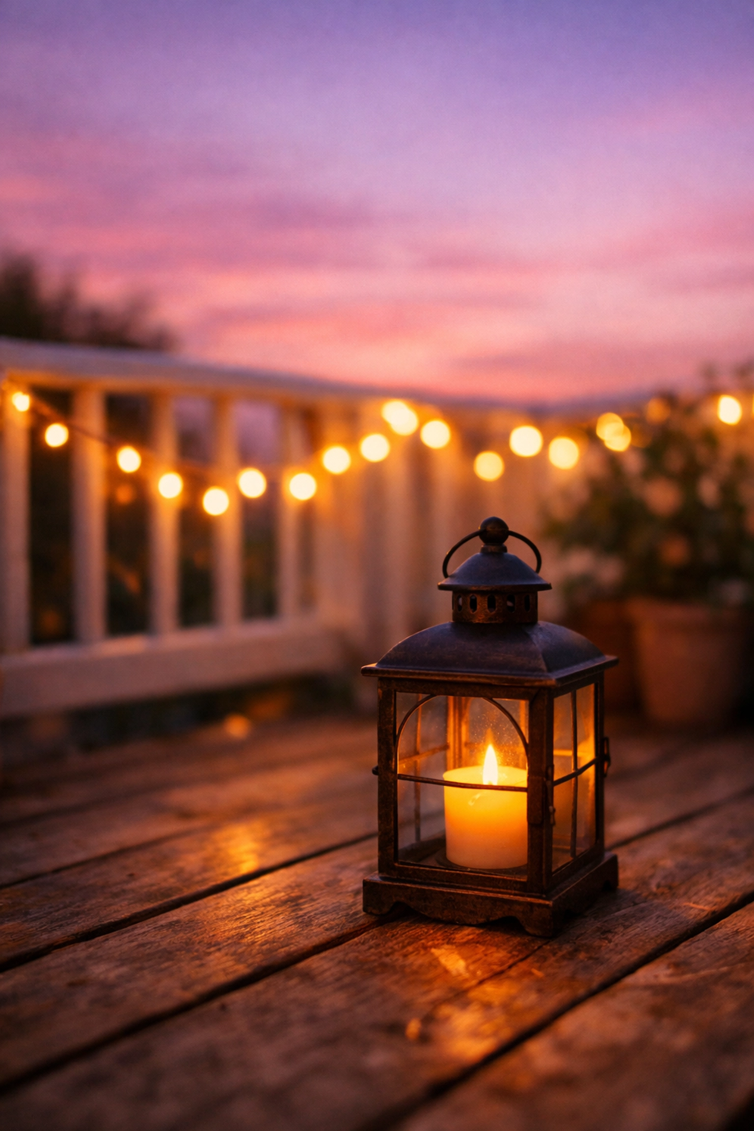 String lights glowing on tiny balcony at dusk with lantern creating cozy outdoor ambiance