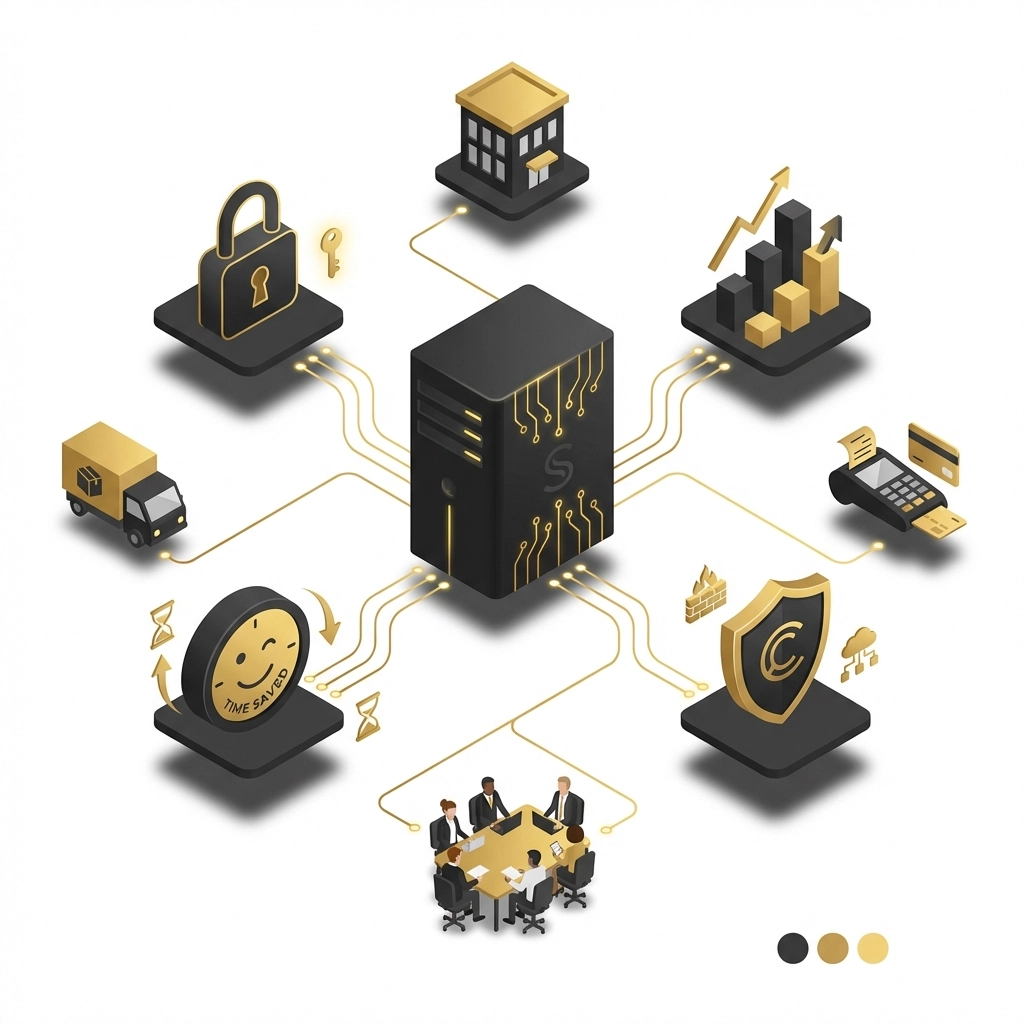 Small business IT ecosystem showcasing secure server, cybersecurity, and operational efficiency