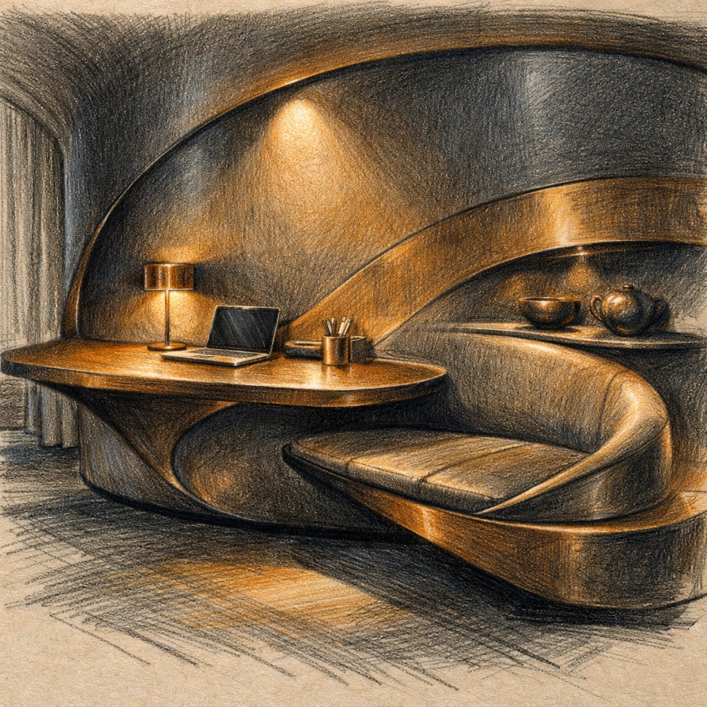 Boutique hotel interior design showing custom curved furniture seamlessly integrated into a luxury suite wall.
