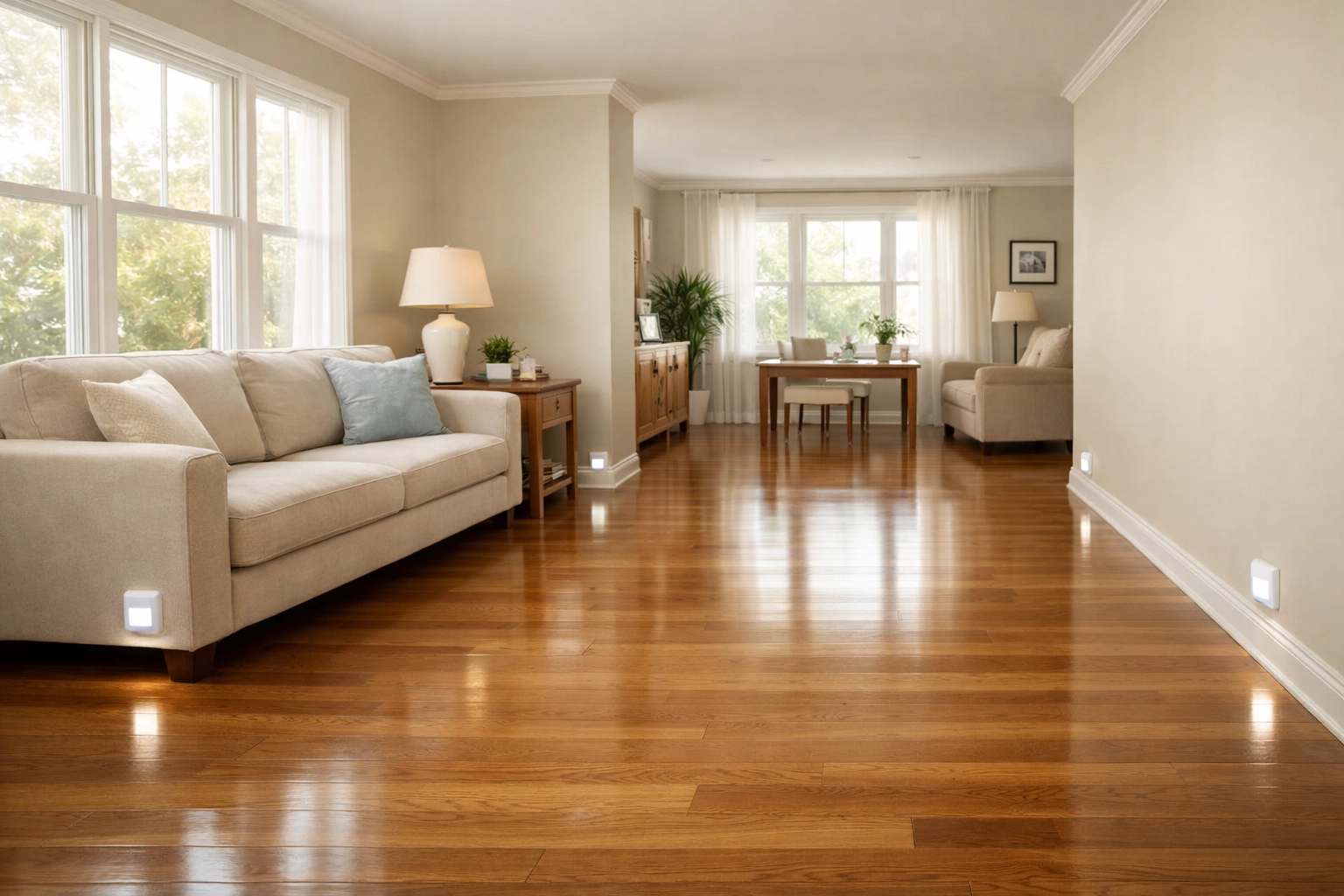 Bright living room with clear walking paths and no rugs for senior home safety and fall prevention.