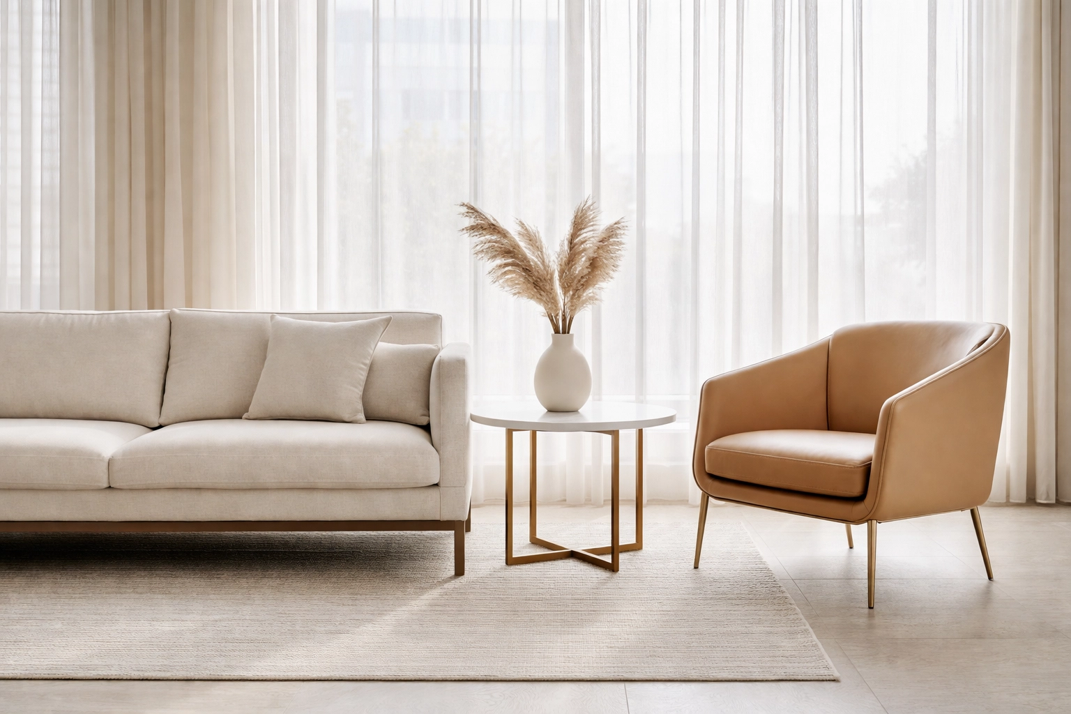 Minimalist luxury hotel seating area with cream linen sofa and marble side table