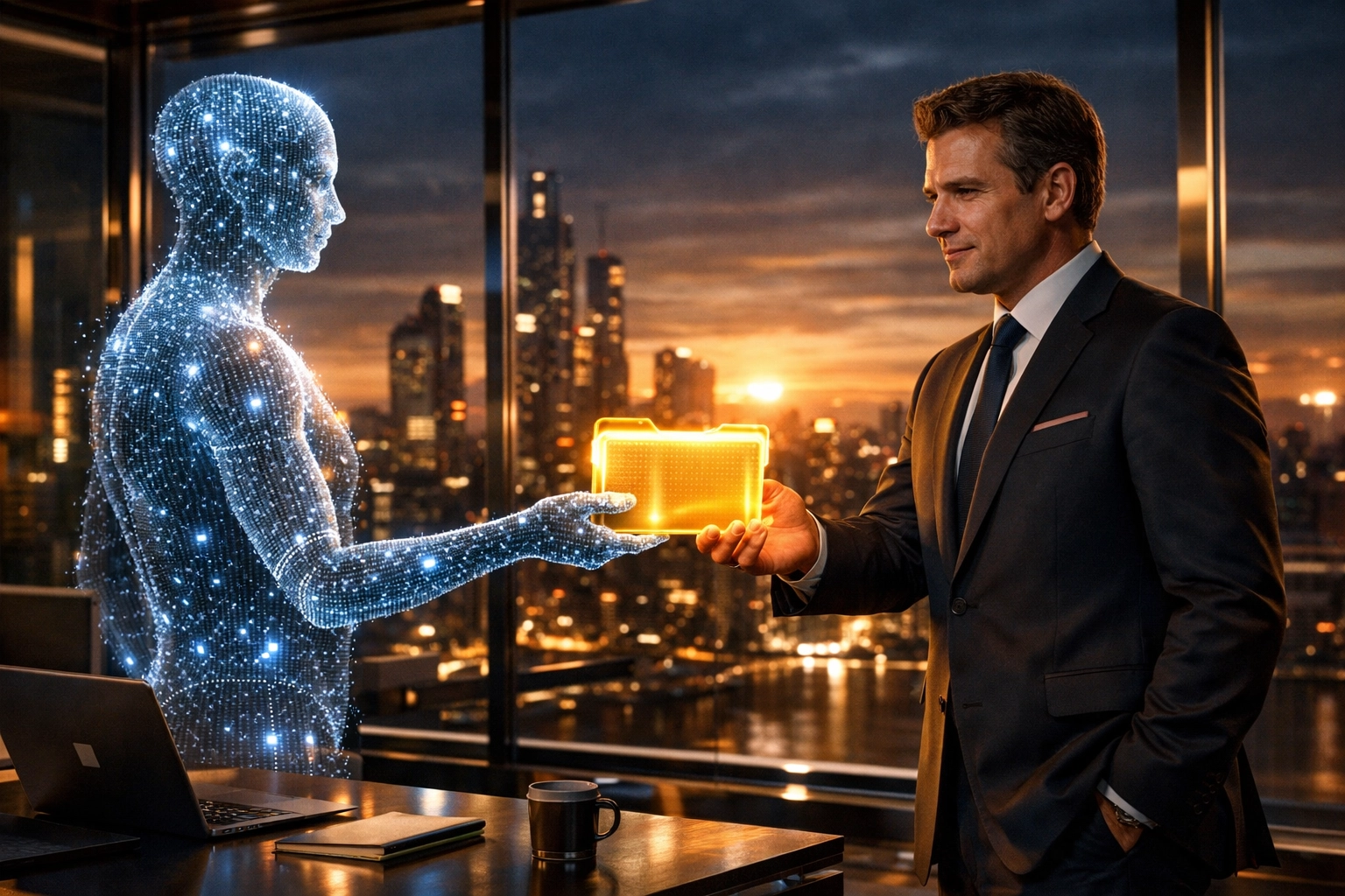 AI agent delivering a qualified B2B lead to a sales professional in a modern office.