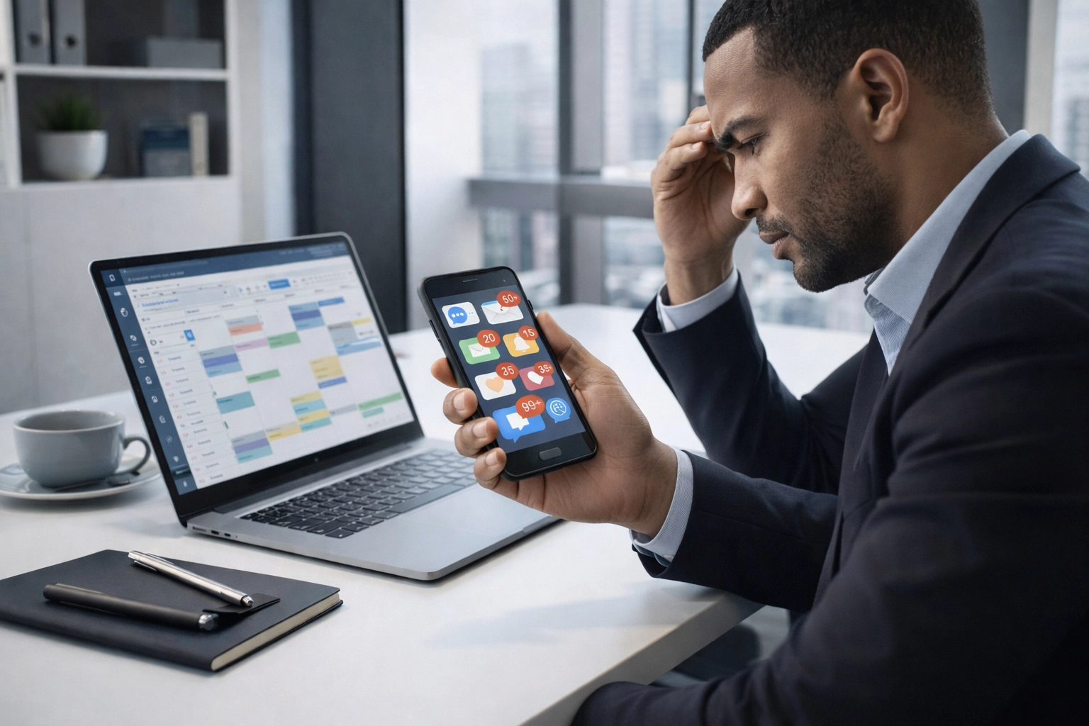 Entrepreneur overwhelmed by DIY social media tasks at a clean, modern desk with a scheduler on-screen