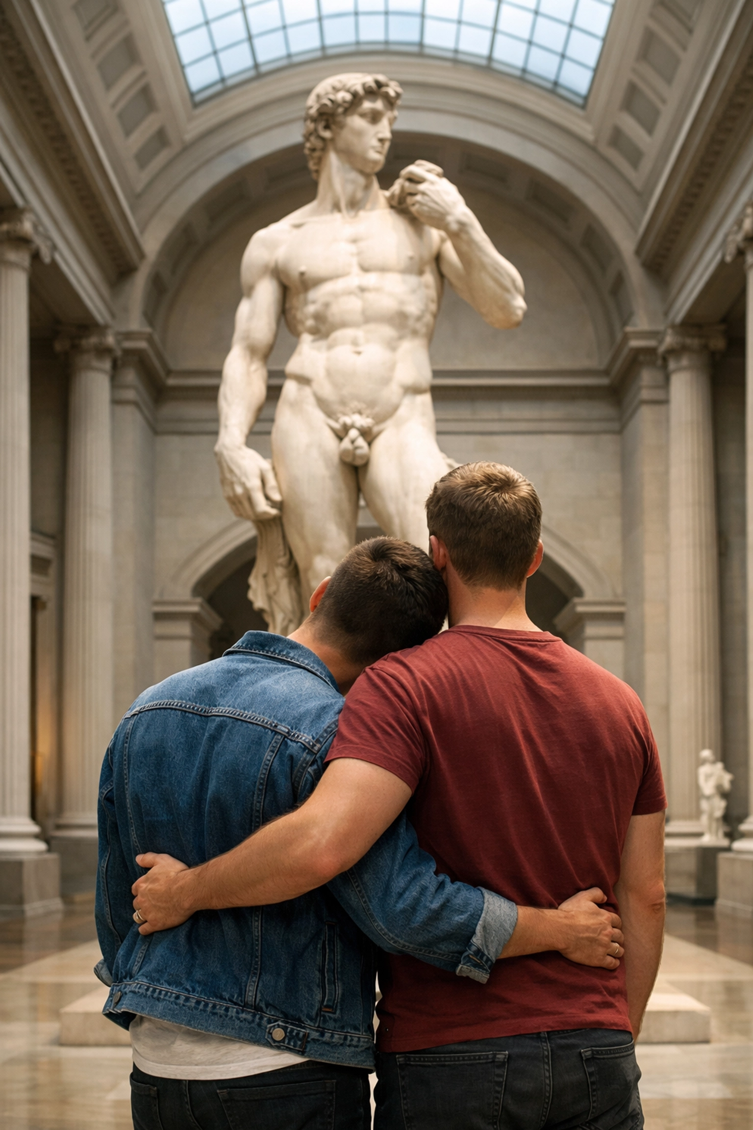 A gay couple finds connection and pride while viewing a classical male nude sculpture in a grand museum.